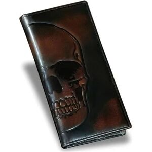 - New Skull Long Wallet For Men genuine Leather with Hand Burnished Rfid